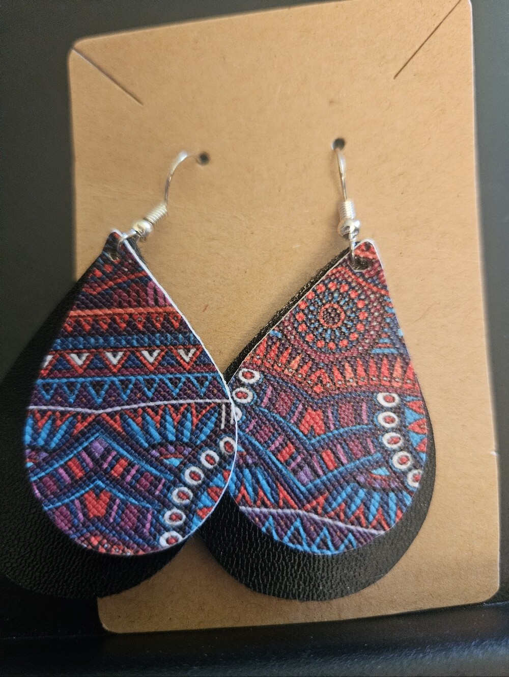 Boho Teardrop Leather Earrings in Red & Blue